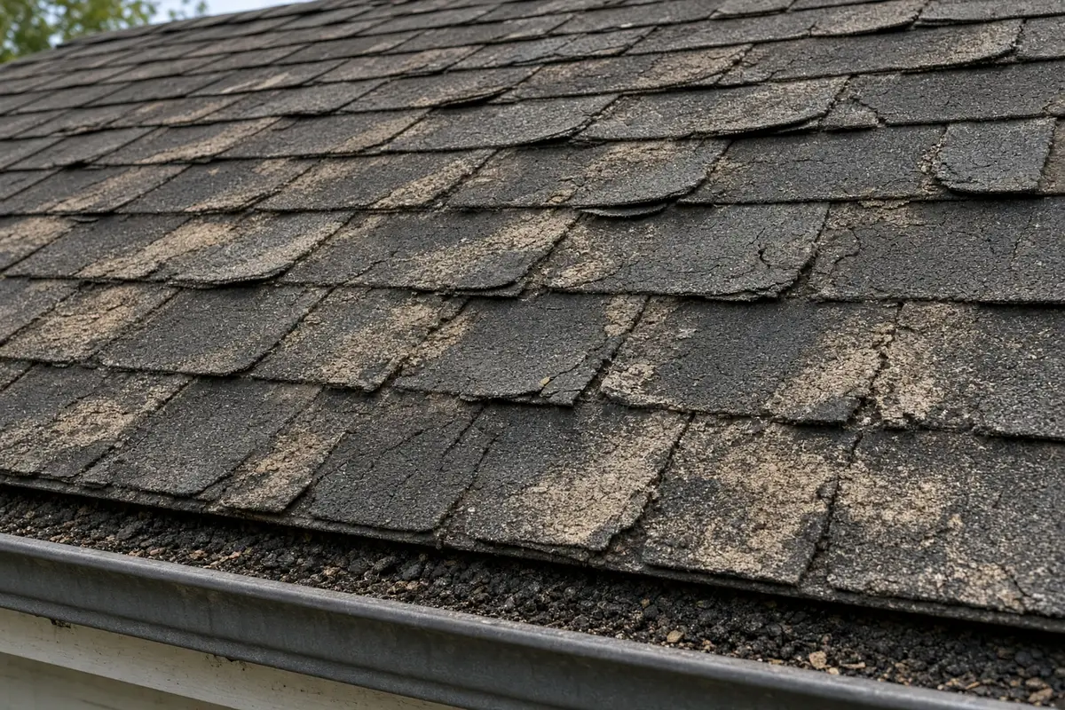 Photo: worn asphalt shingles with granule loss.